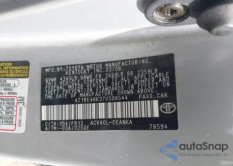 2007 Toyota Camry Le z USA, uszkodzony, nr VIN 4T1BE46K37U506544